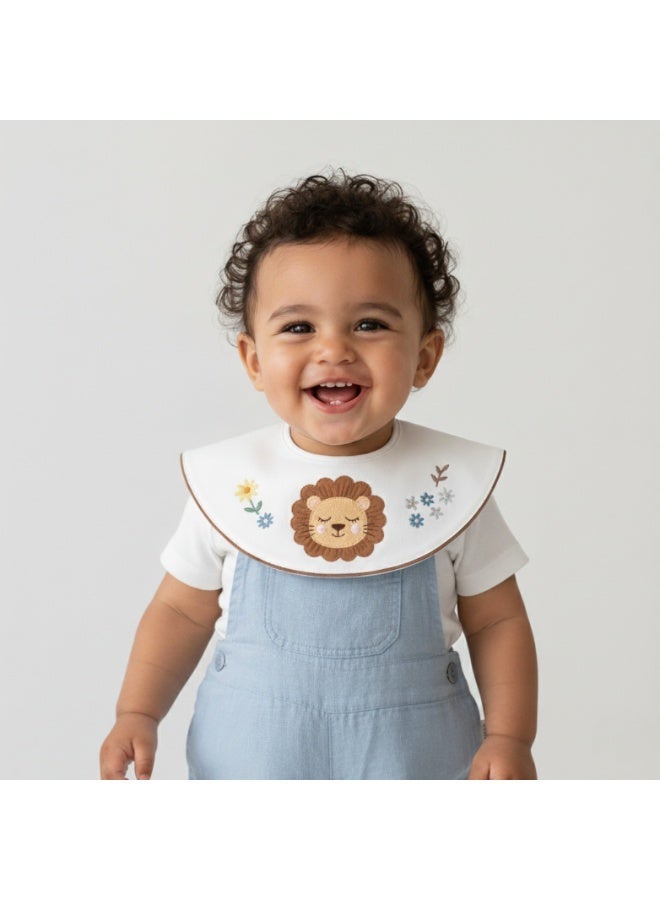 Premium Embroidered Cotton Baby Bib with Lion and Flower Design - Waterproof Adjustable Drool Bib, Rolled Edge for Elegant Protection - Image 1