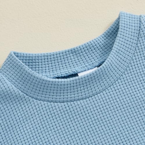 Lamuusaa Toddler Baby Boy Birthday Outfit One/Two Letter Embroidery T-shirt Jogger Shorts Waffle Summer Clothes (Blue One, 12-18 Months) - Image 2