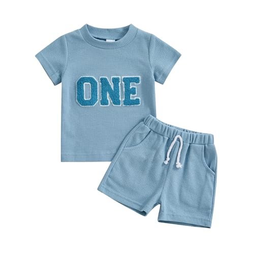 Lamuusaa Toddler Baby Boy Birthday Outfit One/Two Letter Embroidery T-shirt Jogger Shorts Waffle Summer Clothes (Blue One, 12-18 Months) - Image 1