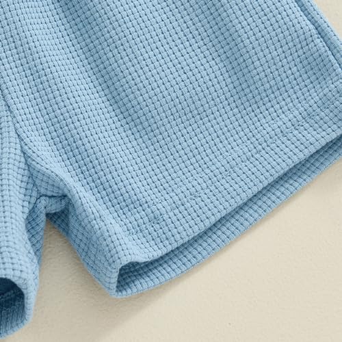 Lamuusaa Toddler Baby Boy Birthday Outfit One/Two Letter Embroidery T-shirt Jogger Shorts Waffle Summer Clothes (Blue One, 12-18 Months) - Image 5