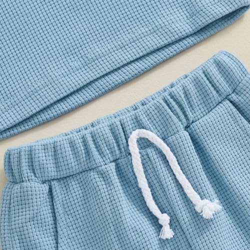 Lamuusaa Toddler Baby Boy Birthday Outfit One/Two Letter Embroidery T-shirt Jogger Shorts Waffle Summer Clothes (Blue One, 12-18 Months) - Image 4