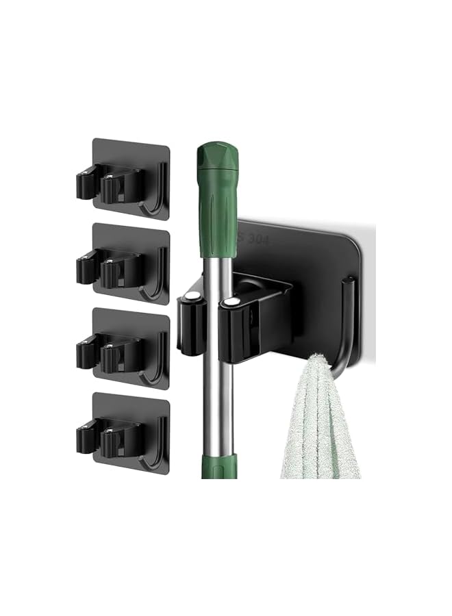 Green Tiger 4 Mop Broom Holder Self Adhesive Stainless Steel No Drill,Tools Holder Organizer Wall Mounted Super Anti-Slip Hanger for Home,Kitchen,Garden,Garage,Laundry,Toilet Wall Hooks Storage(4 Slots 4 Hooks) - Image 2