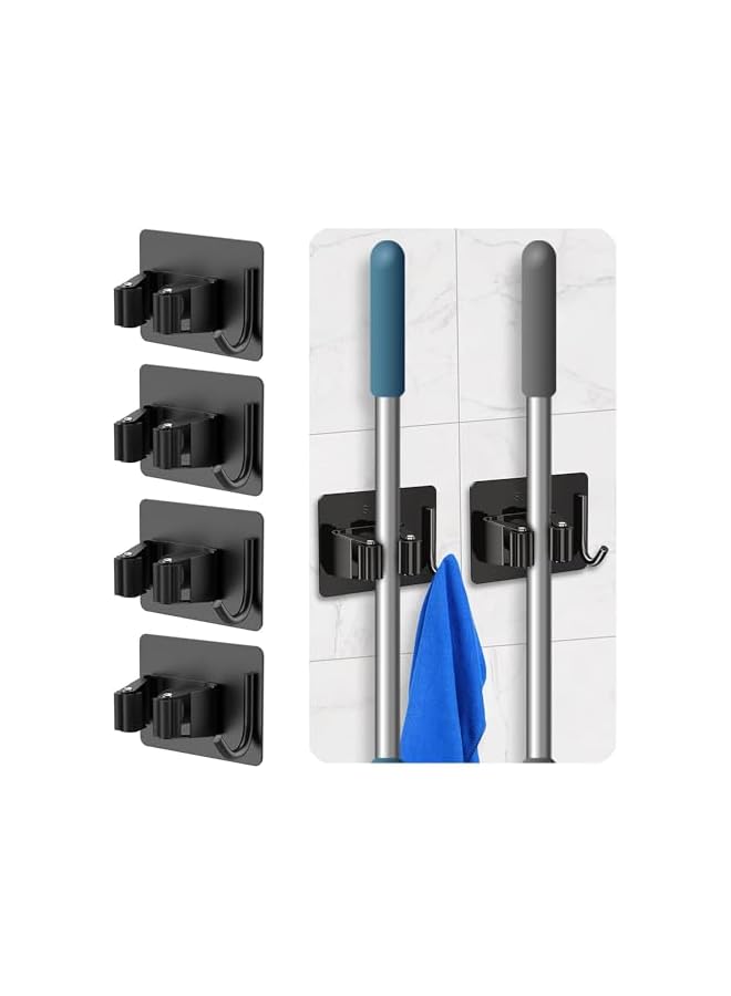 Green Tiger 4 Mop Broom Holder Self Adhesive Stainless Steel No Drill,Tools Holder Organizer Wall Mounted Super Anti-Slip Hanger for Home,Kitchen,Garden,Garage,Laundry,Toilet Wall Hooks Storage(4 Slots 4 Hooks) - Image 4