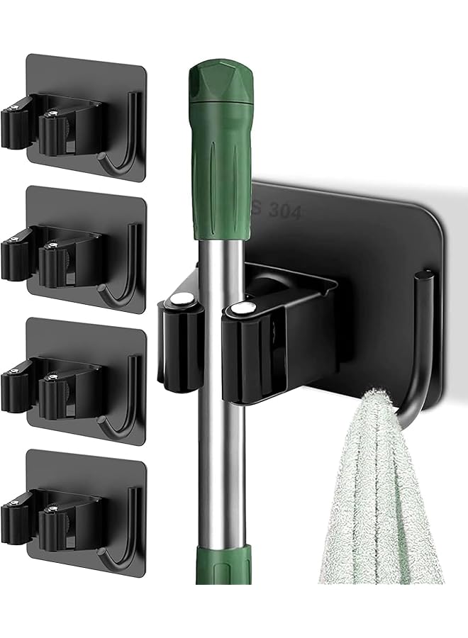 Green Tiger 4 Mop Broom Holder Self Adhesive Stainless Steel No Drill,Tools Holder Organizer Wall Mounted Super Anti-Slip Hanger for Home,Kitchen,Garden,Garage,Laundry,Toilet Wall Hooks Storage(4 Slots 4 Hooks) - Image 1