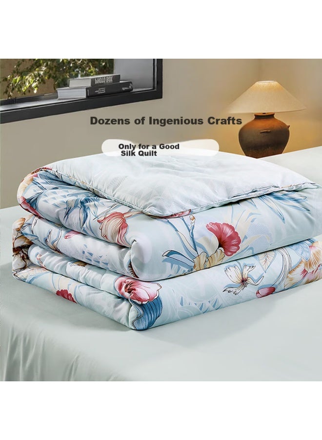 Fuanna Yumingshun 100% Silk Comforter, Air Conditioning Quilt, Antibacterial Printed All-season Duvet, 4.4 Jin, 230*229cm, Green - Image 3