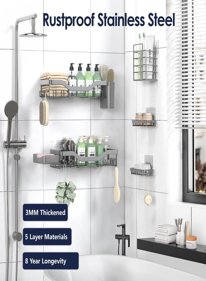 NESOMI Shower Caddy Adhesive Shower Organizer 7-Pack, Rustproof Stainless Steel Bathroom Shelves, Large Capacity No-Drill Rack Storage Accessories with Soap Dish Toothbrush Holder Hooks (Gray) - Image 5