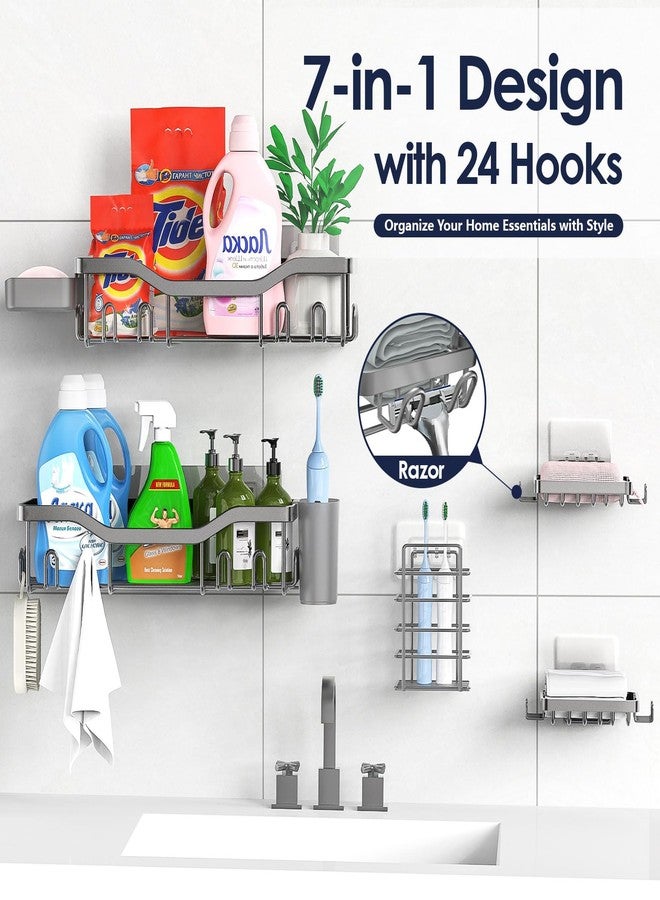 NESOMI Shower Caddy Adhesive Shower Organizer 7-Pack, Rustproof Stainless Steel Bathroom Shelves, Large Capacity No-Drill Rack Storage Accessories with Soap Dish Toothbrush Holder Hooks (Gray) - Image 4