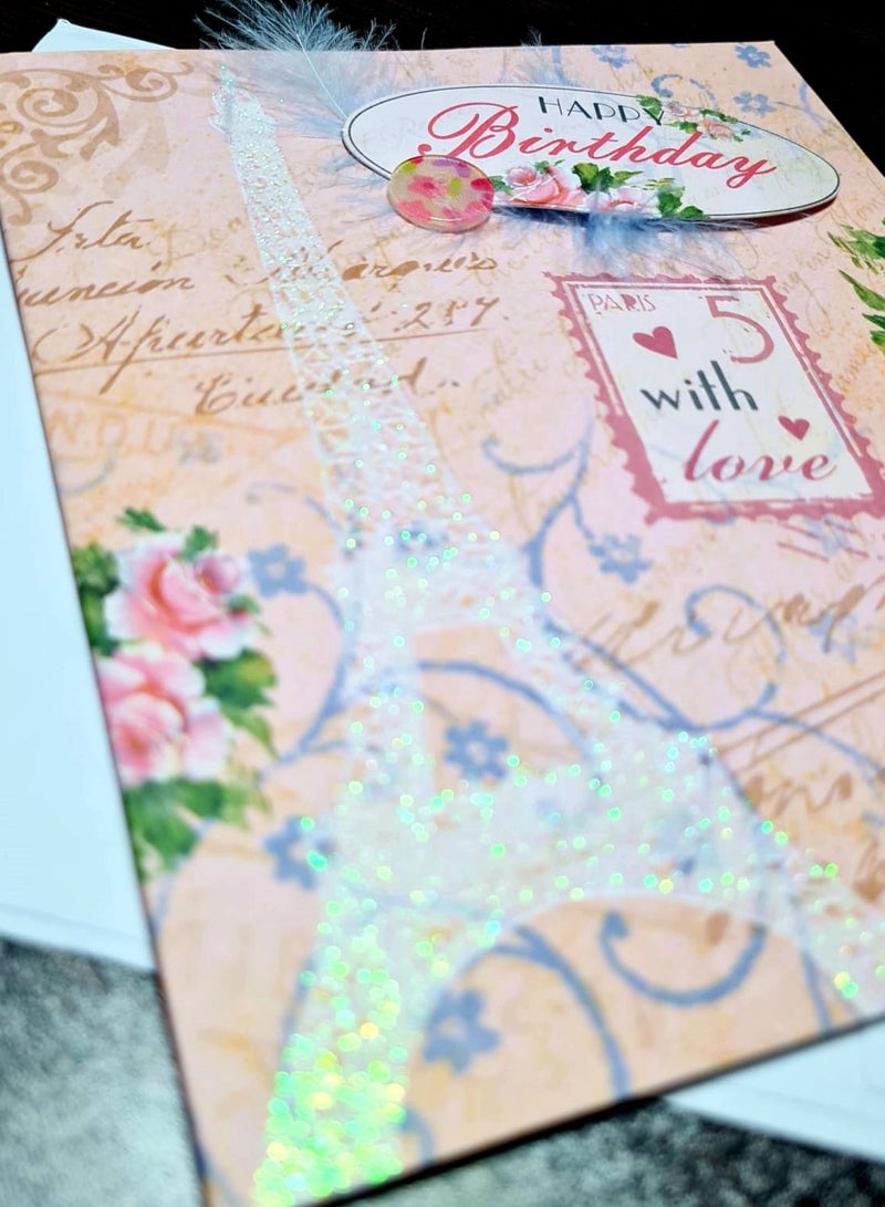 Generic A very special birthday greeting card with a special design of the Eiffel Tower with roses and glitter, have a lovley day with a specially designed envelope, 21*13 cm  - Image 2