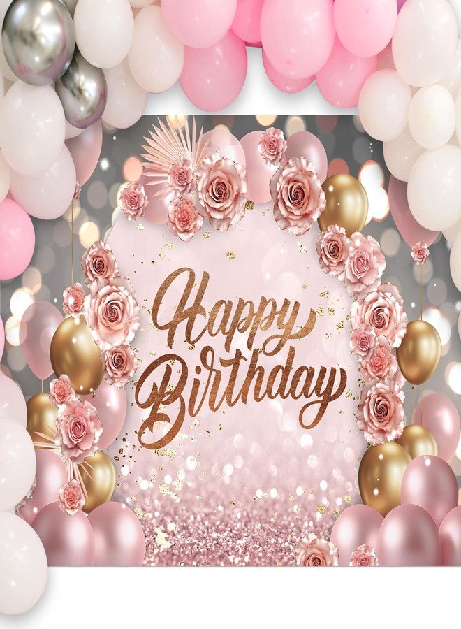 Newsely Rose Gold Happy Birthday Backdrop 7Wx5H Photography for Girls Women Pink Floral Flower Balloons Arch Modern Elegant Background Aesthetic Party Decorations Banner Photo Booth Props Supplies - Image 3