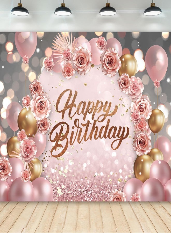 Newsely Rose Gold Happy Birthday Backdrop 7Wx5H Photography for Girls Women Pink Floral Flower Balloons Arch Modern Elegant Background Aesthetic Party Decorations Banner Photo Booth Props Supplies - Image 1
