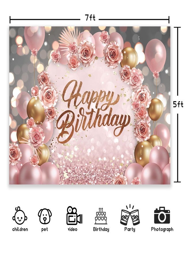 Newsely Rose Gold Happy Birthday Backdrop 7Wx5H Photography for Girls Women Pink Floral Flower Balloons Arch Modern Elegant Background Aesthetic Party Decorations Banner Photo Booth Props Supplies - Image 4