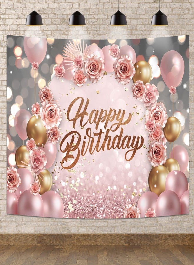 Newsely Rose Gold Happy Birthday Backdrop 7Wx5H Photography for Girls Women Pink Floral Flower Balloons Arch Modern Elegant Background Aesthetic Party Decorations Banner Photo Booth Props Supplies - Image 2