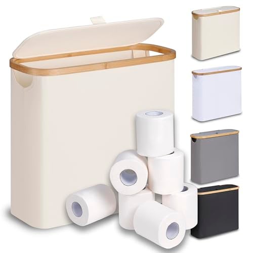 efluky Toilet Paper Basket 28L, Toilet Paper Holder with Lid for Bathroom, Free Standing Storage Organizer Holds Up to 9-12 Rolls (Beige, 1) - Image 1