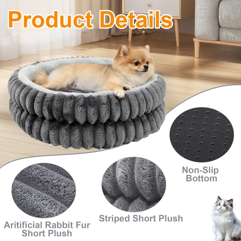 Wn's Day Cat Beds for Indoor Cats,Washable Round Donut Dog Bed,Fluffy Puppy Dogs Beds for Small Dogs with Anti-Slip Bottom(Grey,S) - Image 2