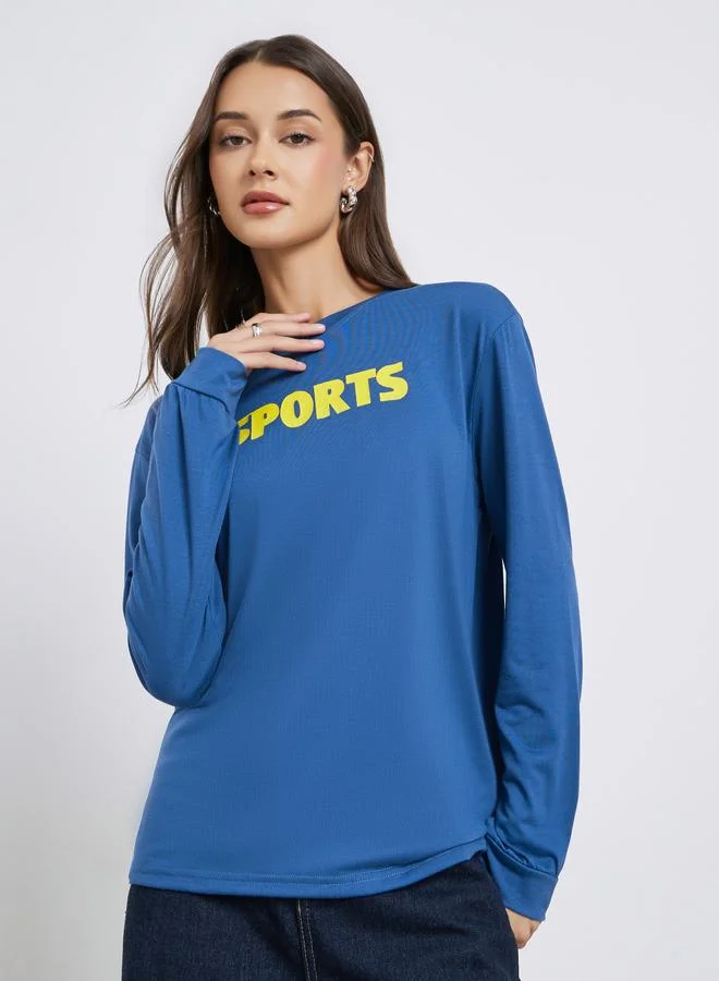 Blue Contrast Slogan Print T-Shirt