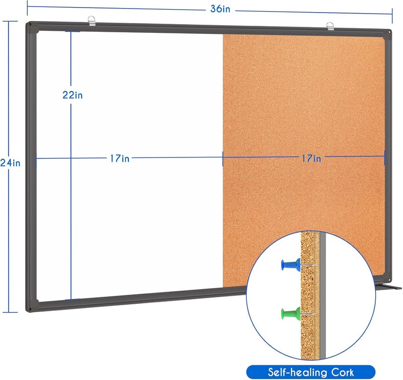 Tripollo Magnetic White Board and Cork Board Combo, 36 X 24 inches Whiteboard Bulletin Combination Board, Wall Mounted Dry Erase Message Board for Home, School and Office, Black - Image 5