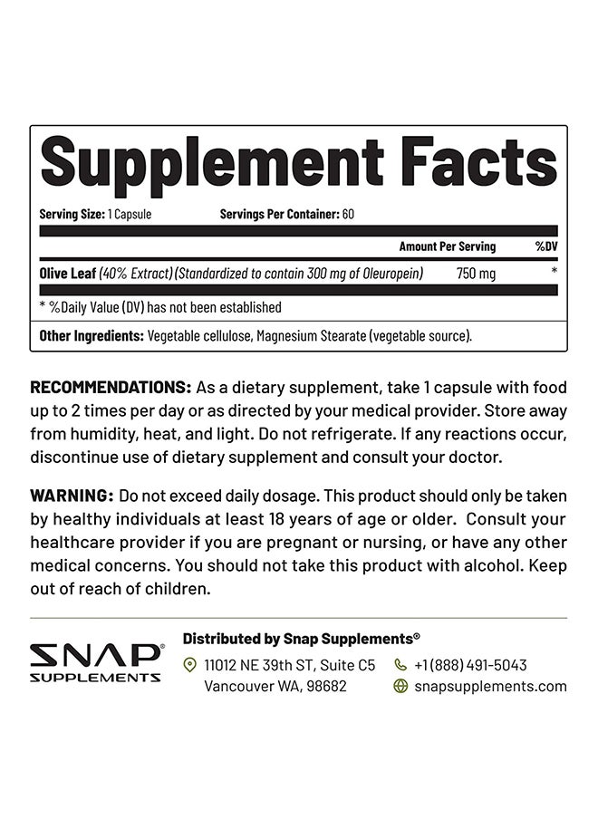 SNAP SUPPLEMENTS Olive Leaf 40% olewropein Standardized To Contain 300mg Of Oleuropein, Optimize Blood Flow, Immune Support, Heart Health Dietary Supplement - 60 Servings  - Image 5