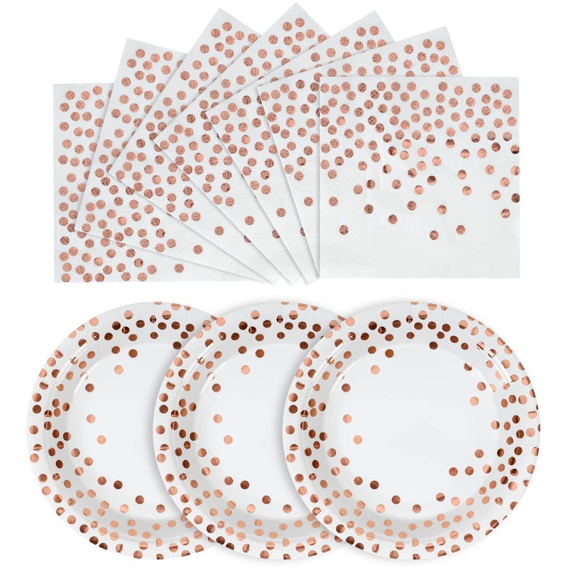 CENLBJ Disposable Paper Plates 100 PackWhite and Rose Gold Plates 50x7Rose Gold Dot Napkins 50x65Paper Plate and Napkins Party Supplies for BirthdaysAll Occasions