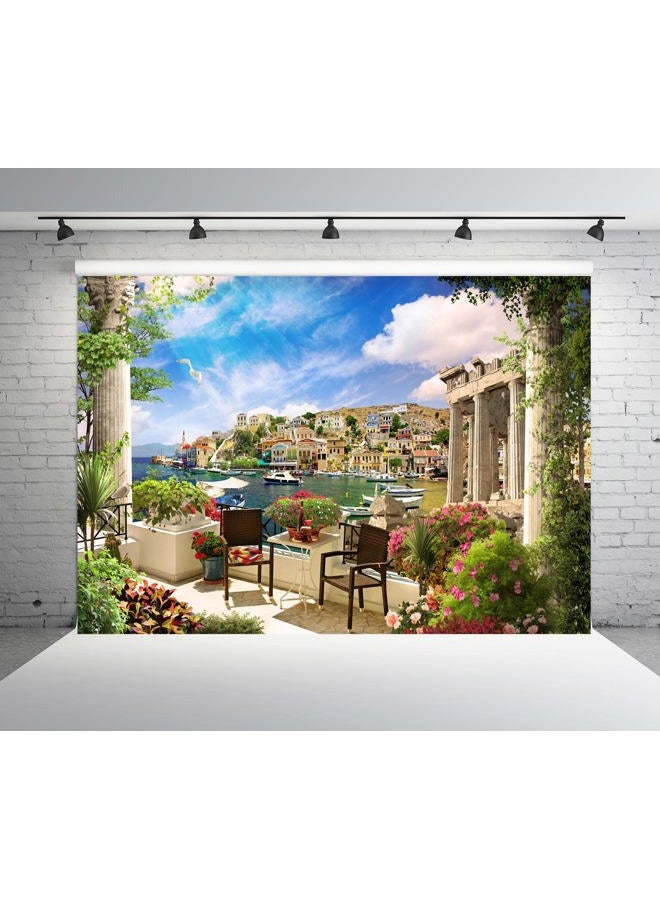 BELECO 7x5ft Fabric Italy Photography Backdrop Tuscany Garden Terrace View of Mediterranean Bay Costal City Scenery Spring Flowers Roman Columns Italian Background Couples Adults Italy Photo Props - Image 3