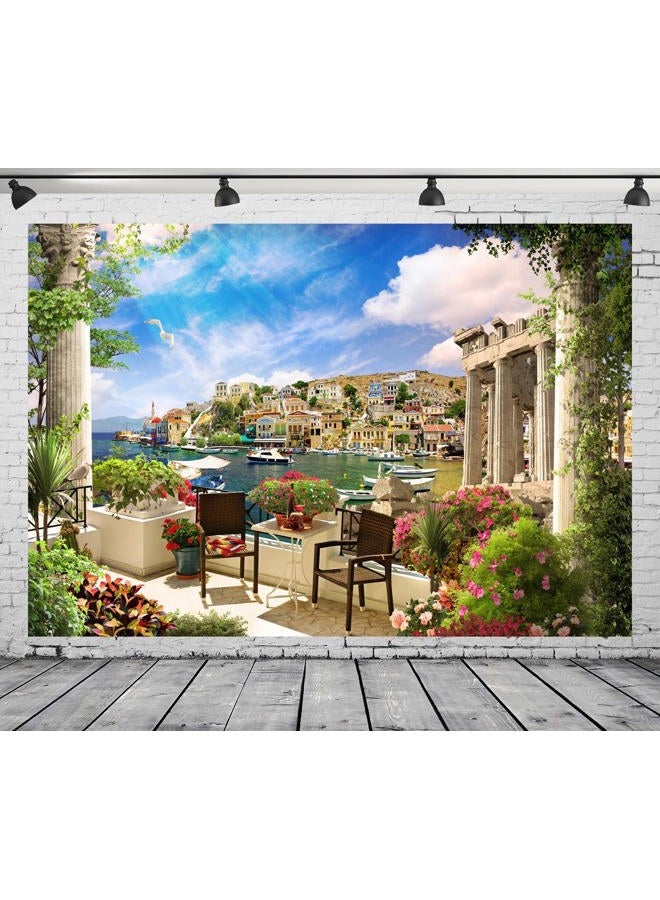 BELECO 7x5ft Fabric Italy Photography Backdrop Tuscany Garden Terrace View of Mediterranean Bay Costal City Scenery Spring Flowers Roman Columns Italian Background Couples Adults Italy Photo Props - Image 5