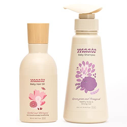 Maate Baby Hair Essentials Combo | Nourishing Hair Oil -150 ml & Extra Mild Shampoo - 250 ml | Mineral Oil, Sulphate-Free, pH Balanced, 100% Natural & Vegan - Image 1