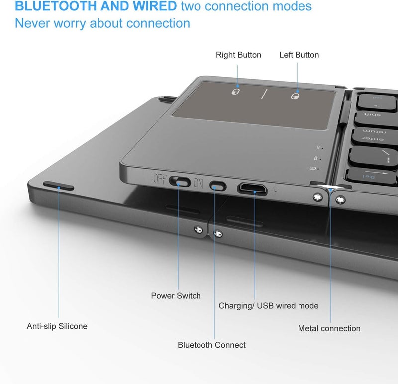 VssoPlor Foldable Bluetooth Keyboard with Touchpad, Dual Modes USB Wired Folding Wireless, Portable Mini Pocket Size Travel Keyboard for Android Tablet Windows-Dark Gray - Image 2