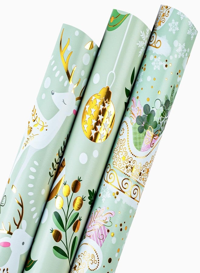 Retrify Christmas Wrapping Paper Roll - 3 Mini Rolls - 17 Inch x 120 Inch Per Roll - Cute Reindeer/Gold Christmas Balls/White Snowflake/Sleigh Design Gift Wrap - Image 1