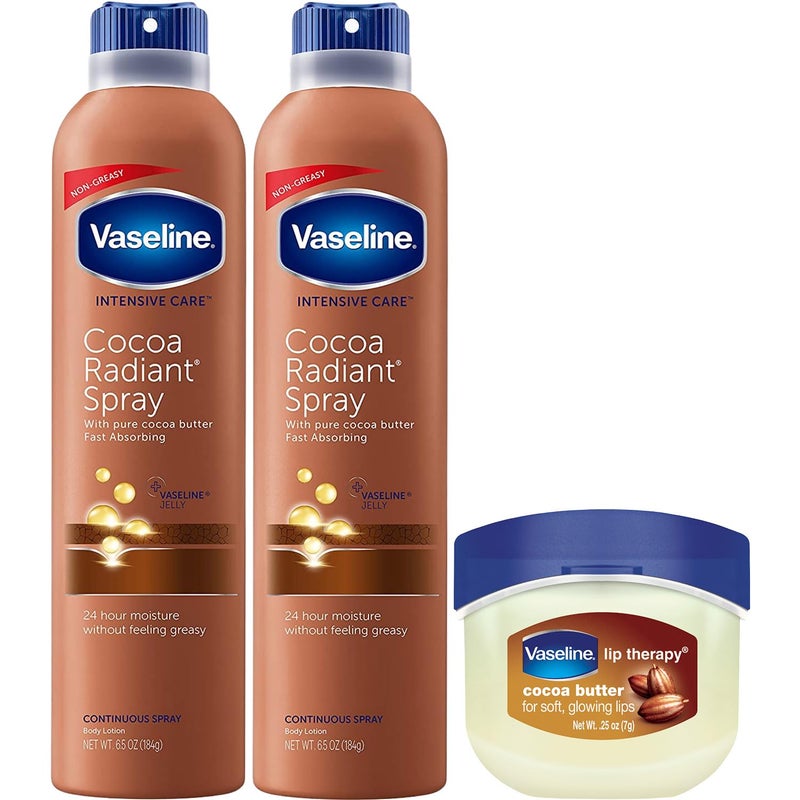 Vaseline بخاخ لوشن الجسم فازلين كاكاو راديانت 2 عبوة علاج شفاه مصغر للبشرة الناعمة المتألقة والشفاه