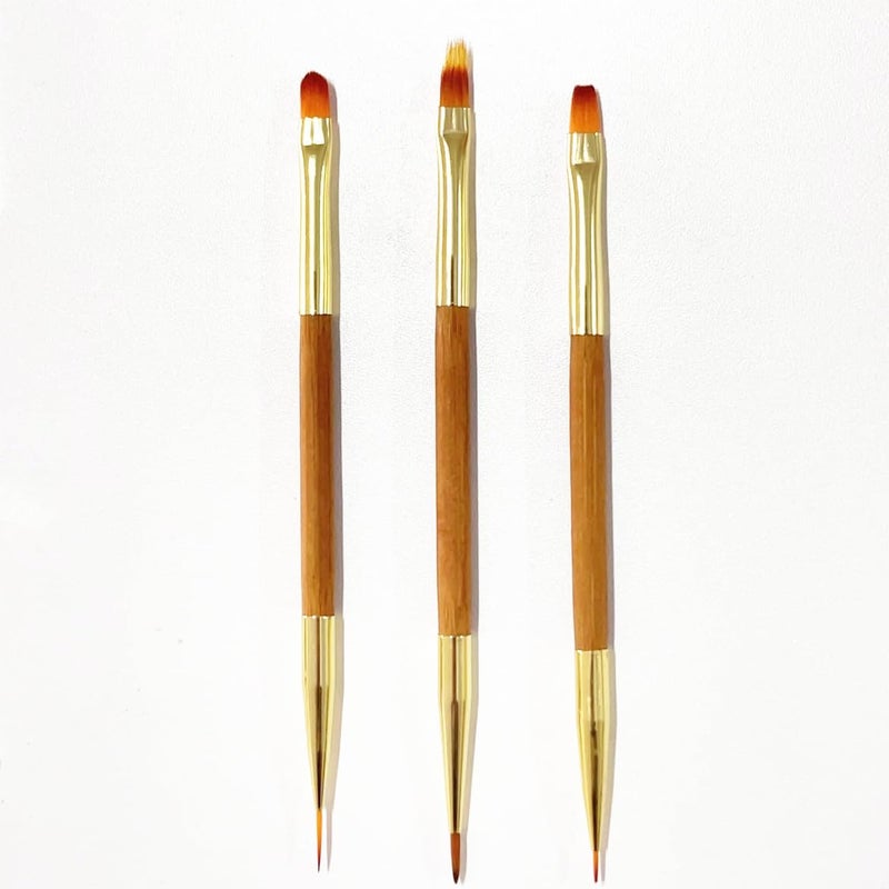 FULINJOY 3Pcs Nail Art Drawing Brushes Short Bamboo Penholder Double End Nail Art Pen Brush Acrylic Round Flat Painting Drawing Liner Nail Tools 