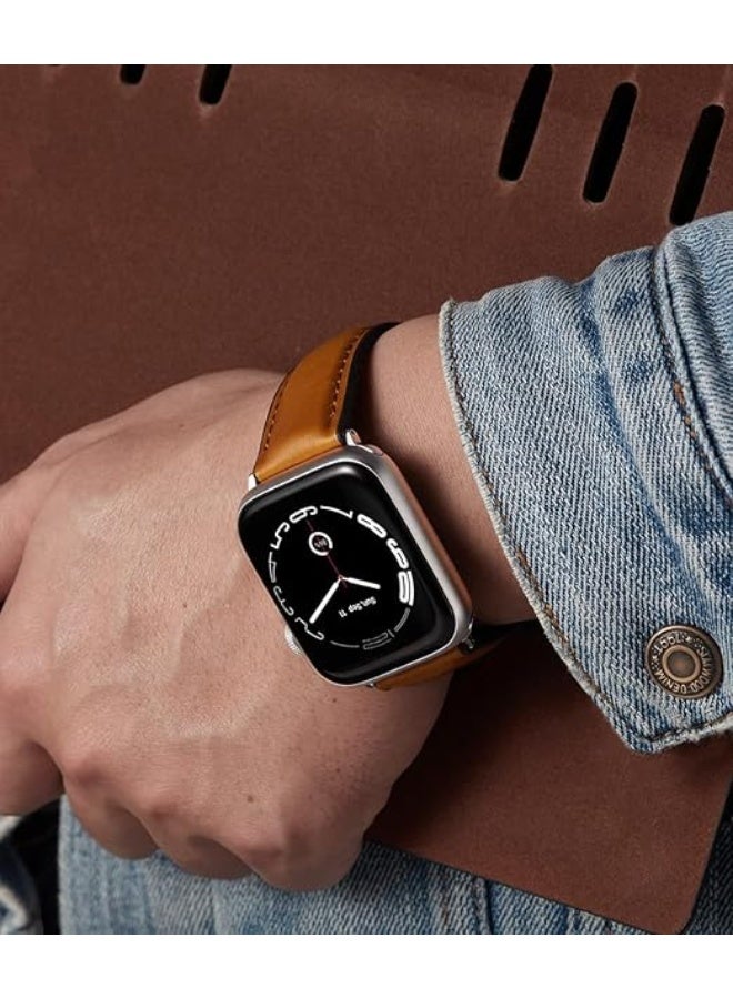 Leather Band Compatible with Apple Watch Ultra/Ultra 2 49mm 45mm 44mm 42mm for Men Women, Leather Replacement Wristband Strap for Apple Watch Ultra Series 9 8 7 6 5 4 3 2 1 SE - Brown - Image 4
