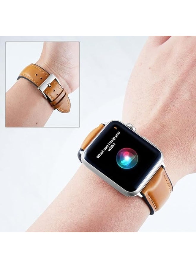Leather Band Compatible with Apple Watch Ultra/Ultra 2 49mm 45mm 44mm 42mm for Men Women, Leather Replacement Wristband Strap for Apple Watch Ultra Series 9 8 7 6 5 4 3 2 1 SE - Brown - Image 2