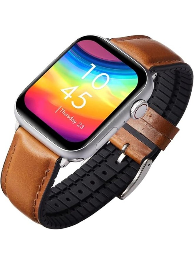 Leather Band Compatible with Apple Watch Ultra/Ultra 2 49mm 45mm 44mm 42mm for Men Women, Leather Replacement Wristband Strap for Apple Watch Ultra Series 9 8 7 6 5 4 3 2 1 SE - Brown - Image 3