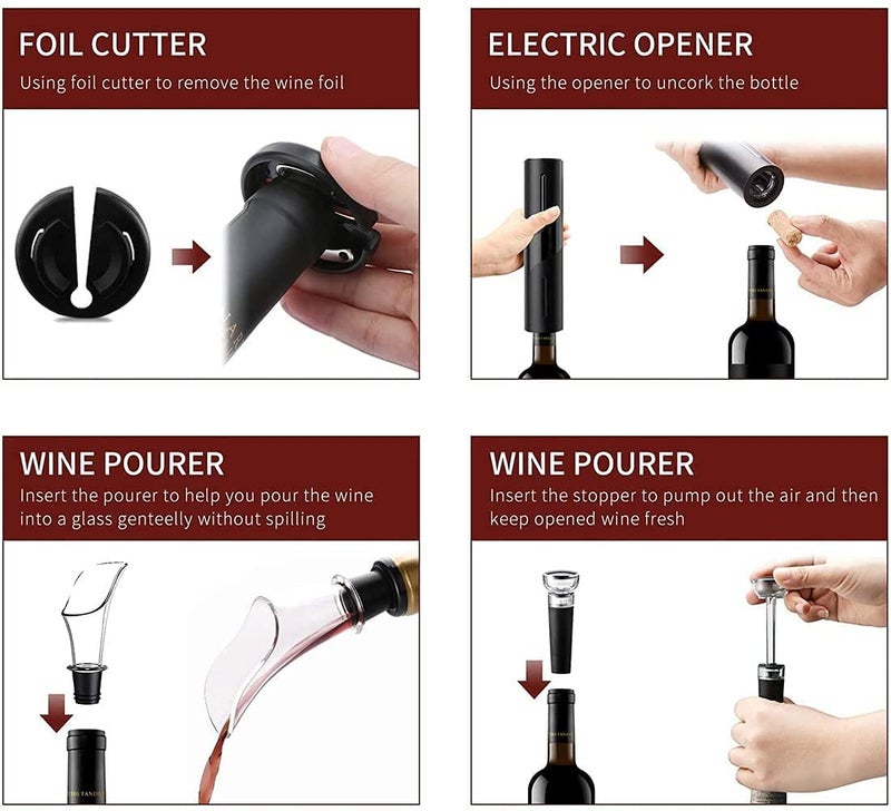 Zorzel Zorzel Electric Wine Opener Kit Battery Operated Corkscrew Set with Foil Cutter Vacuum Stopper Pourer for Kitchen Home  - Image 2