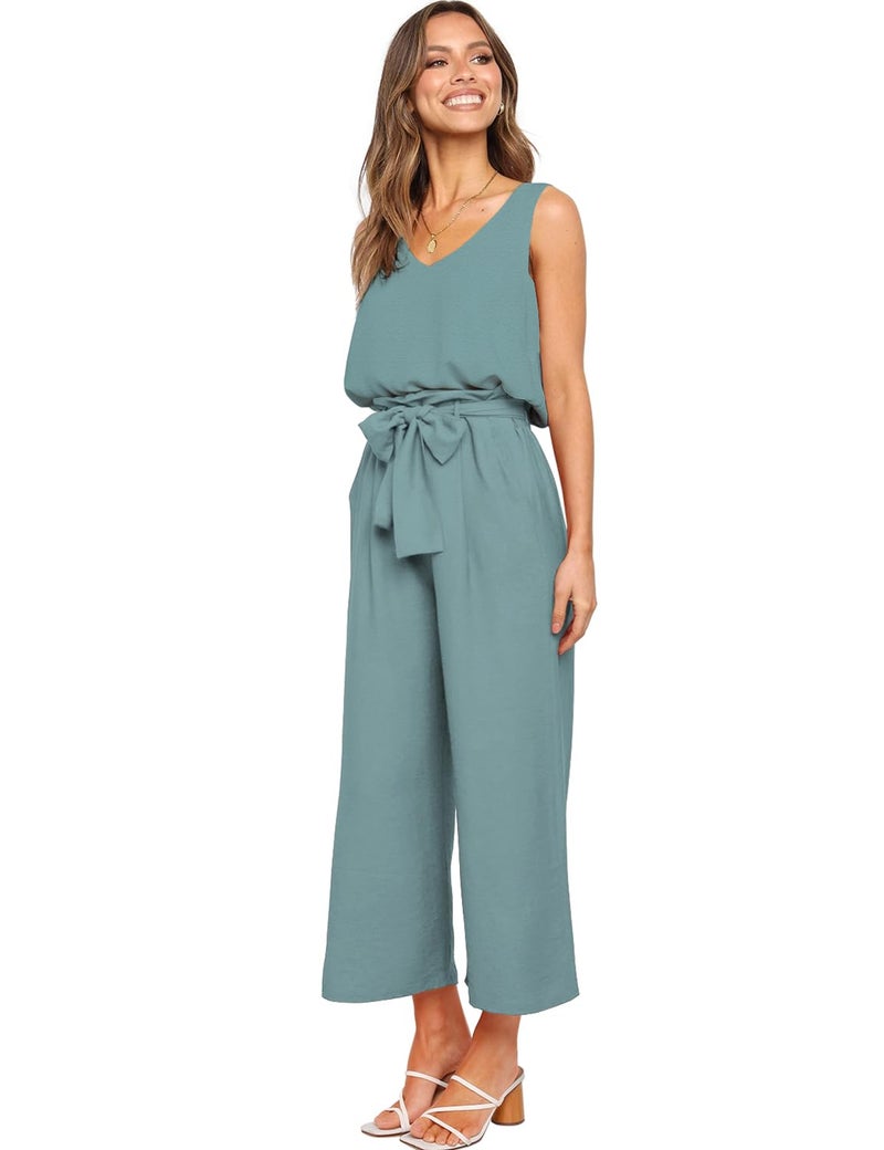 FANCYINN Womens 2 Piece Crop Pants Set V Neck Tank Wide Strap Tops High Waisted Cropped Paper Bag Pants with Belt Haze Blue Top & Wide Leg Pants S - Image 2