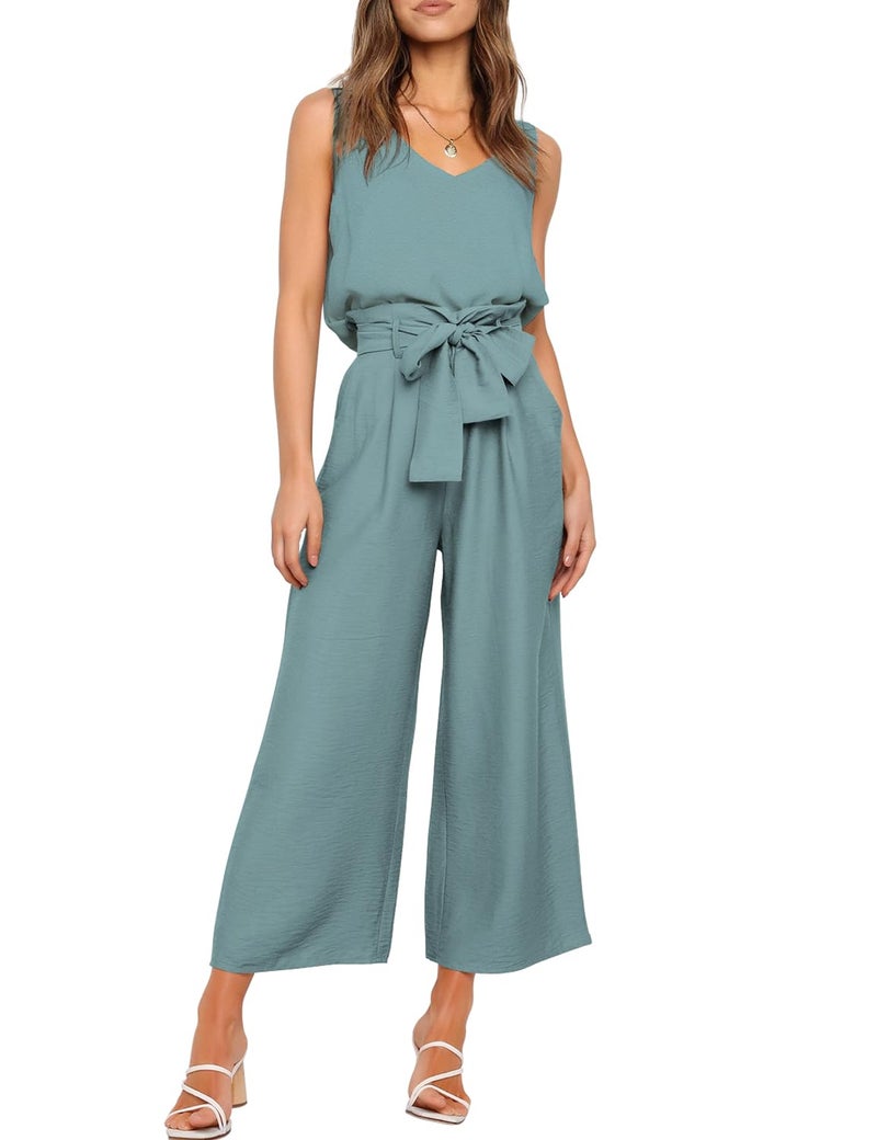 FANCYINN Womens 2 Piece Crop Pants Set V Neck Tank Wide Strap Tops High Waisted Cropped Paper Bag Pants with Belt Haze Blue Top & Wide Leg Pants S - Image 1