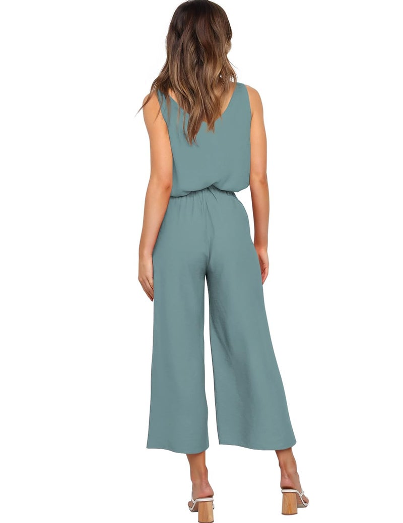 FANCYINN Womens 2 Piece Crop Pants Set V Neck Tank Wide Strap Tops High Waisted Cropped Paper Bag Pants with Belt Haze Blue Top & Wide Leg Pants S - Image 4