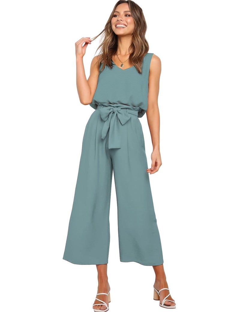 FANCYINN Womens 2 Piece Crop Pants Set V Neck Tank Wide Strap Tops High Waisted Cropped Paper Bag Pants with Belt Haze Blue Top & Wide Leg Pants S - Image 3