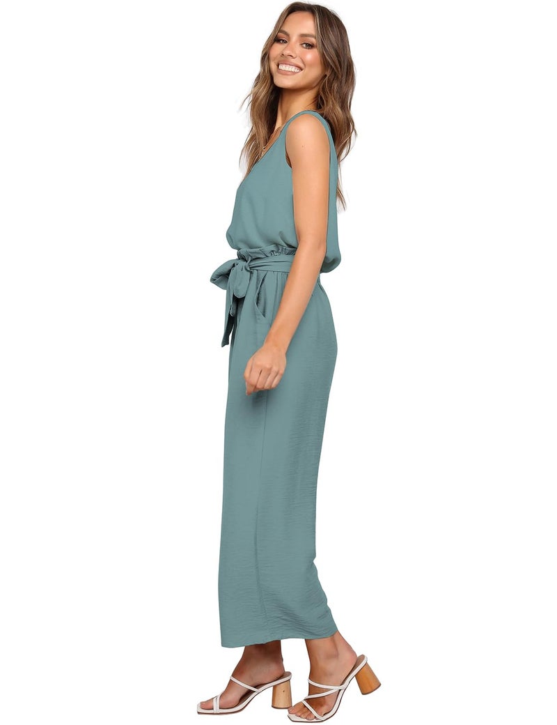FANCYINN Womens 2 Piece Crop Pants Set V Neck Tank Wide Strap Tops High Waisted Cropped Paper Bag Pants with Belt Haze Blue Top & Wide Leg Pants S - Image 5