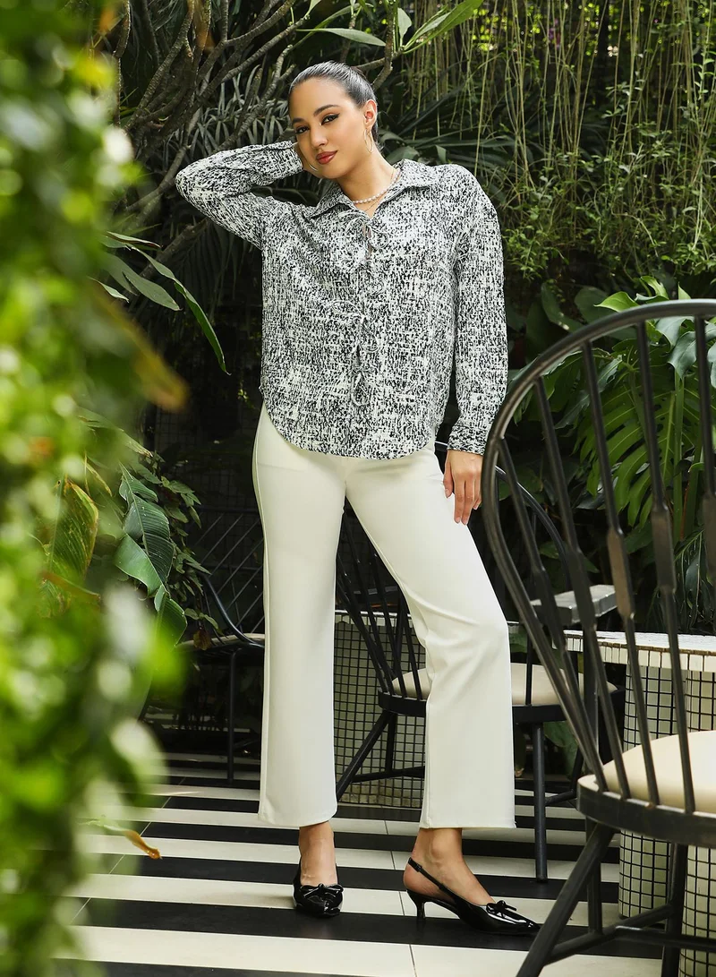 PINACOLADA  Women's Onyx Black & Cream White Static-Imprint Tie-Up Blouse | نساء | أكمام طويلة | طبعة تجريدية | كاجوال | قميص | طوق منتشر for Women | Best Price UAE