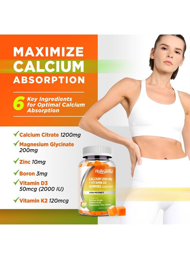 Hollegend هوليجند كالسيوم 1200 ملغ مع فيتامين د3 جومي، كالسيوم سترات مضغ مع مغنيسيوم زنك فيتامين ك2 بورون، صحة العظام، خالي من السكر، 60 حبة - Image 3