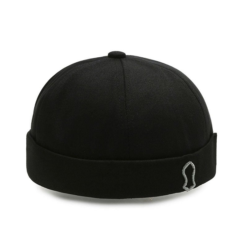 Spring and Summer sailor hat brimless flanging main hat mens all-match melon hat solid color embroidered mens and womens personalized hat Black silver embroidery - Image 1