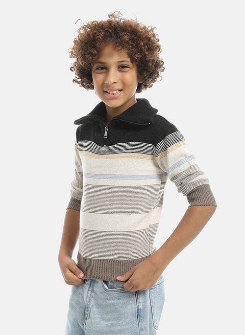 Half Zipper Closure Stripped Multicolour Pullover-Navy