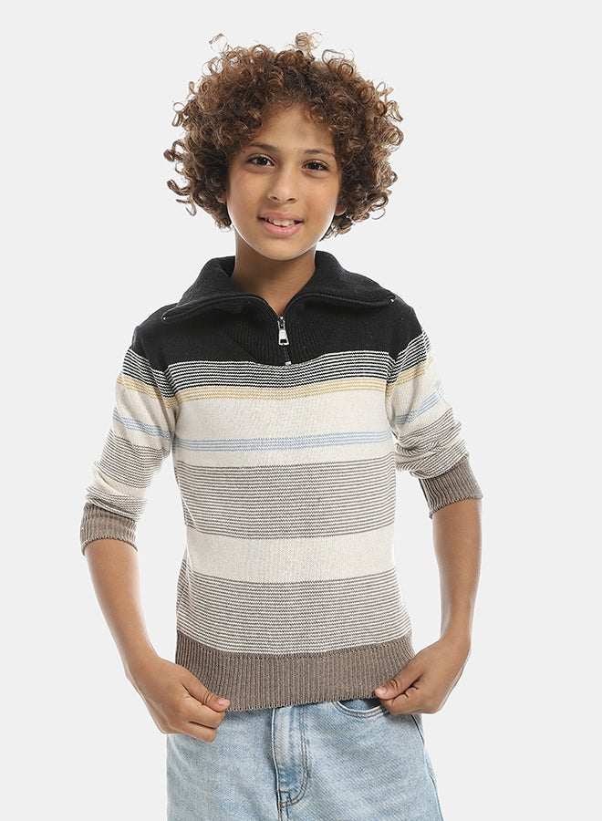 Andora Half Zipper Closure Stripped Multicolour Pullover-Navy - Image 2