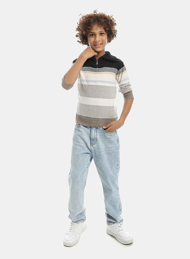 Andora Half Zipper Closure Stripped Multicolour Pullover-Navy - Image 5