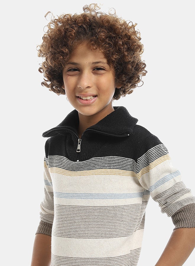 Andora Half Zipper Closure Stripped Multicolour Pullover-Navy - Image 4