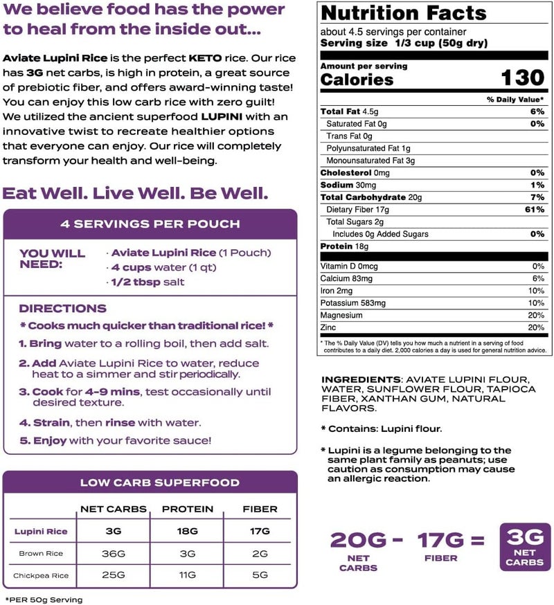 Aviate Keto Lupini Rice - Low Carb, Gluten-Free, High Protein Vegan Rice Alternative (8oz) - Image 3