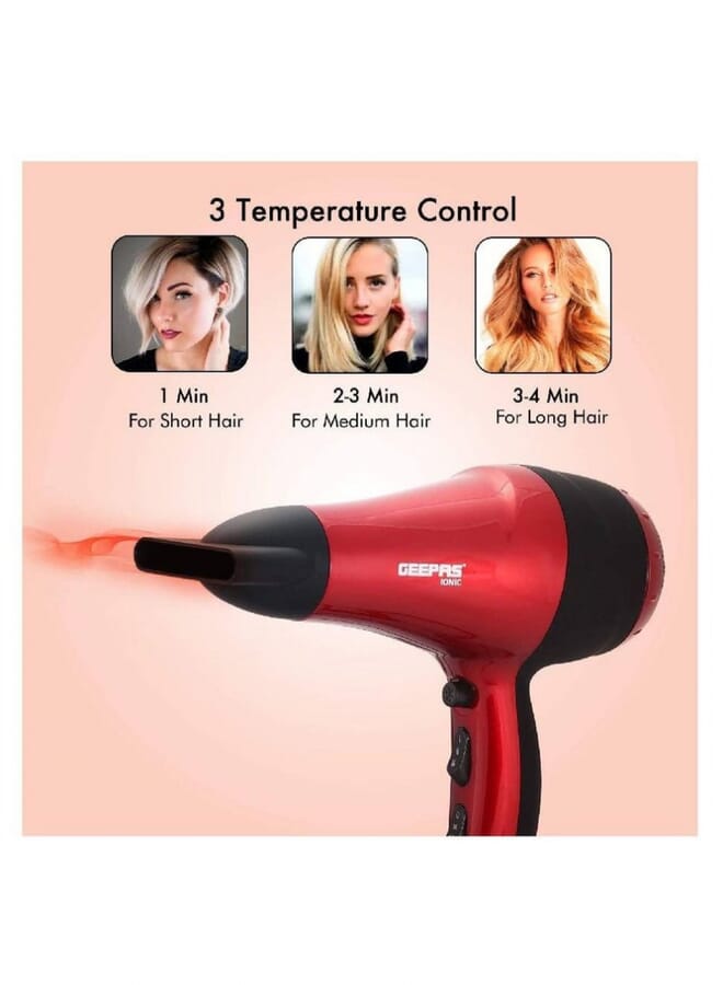 GEEPAS Hair Dryer 2Spd-3Heat Coolshot Ionic 2000W Red - Image 3