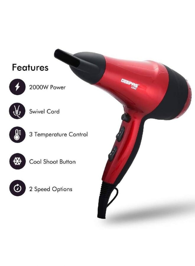 GEEPAS Hair Dryer 2Spd-3Heat Coolshot Ionic 2000W Red - Image 2