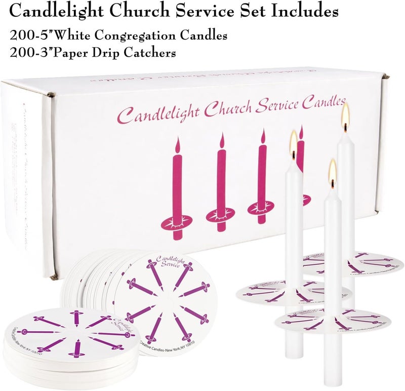 HELLY 200 White Church Candles with Drip Protectors for Devotional Candlelight Vigil Service, Box of 200 Candles, Unscented White 5" H X 1/2" D, No Smoke - Image 2