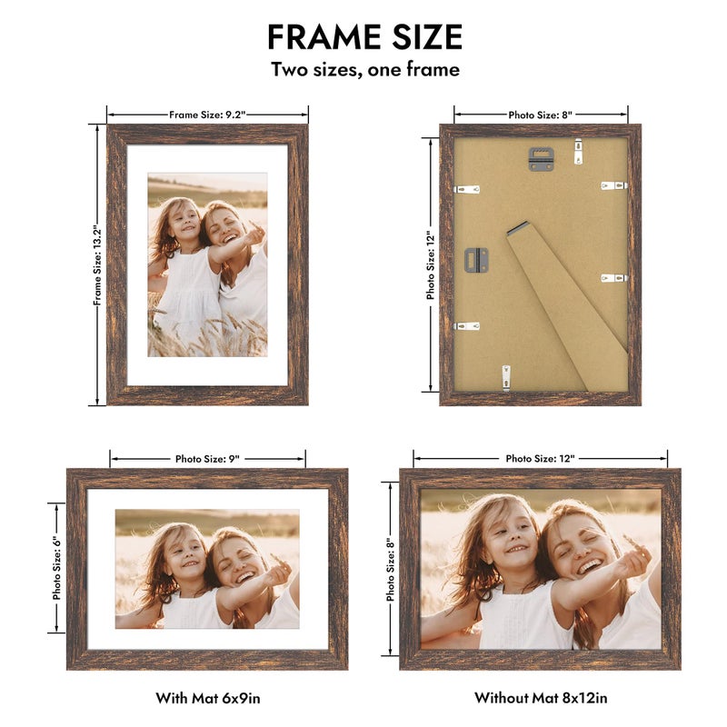 Hongkee 8x12 Picture Frame with Glass, Display Pictures 6x9 with Mat or 8 x 12 without Mat - Wall and Tabletop, 8 by 12 Photo Wooden Frames (Rustic Brown, 1 Pack) - Image 2